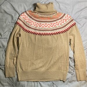 Super soft L.L. Bean cashmere-blend fair isle patterned beige turtleneck sweater
